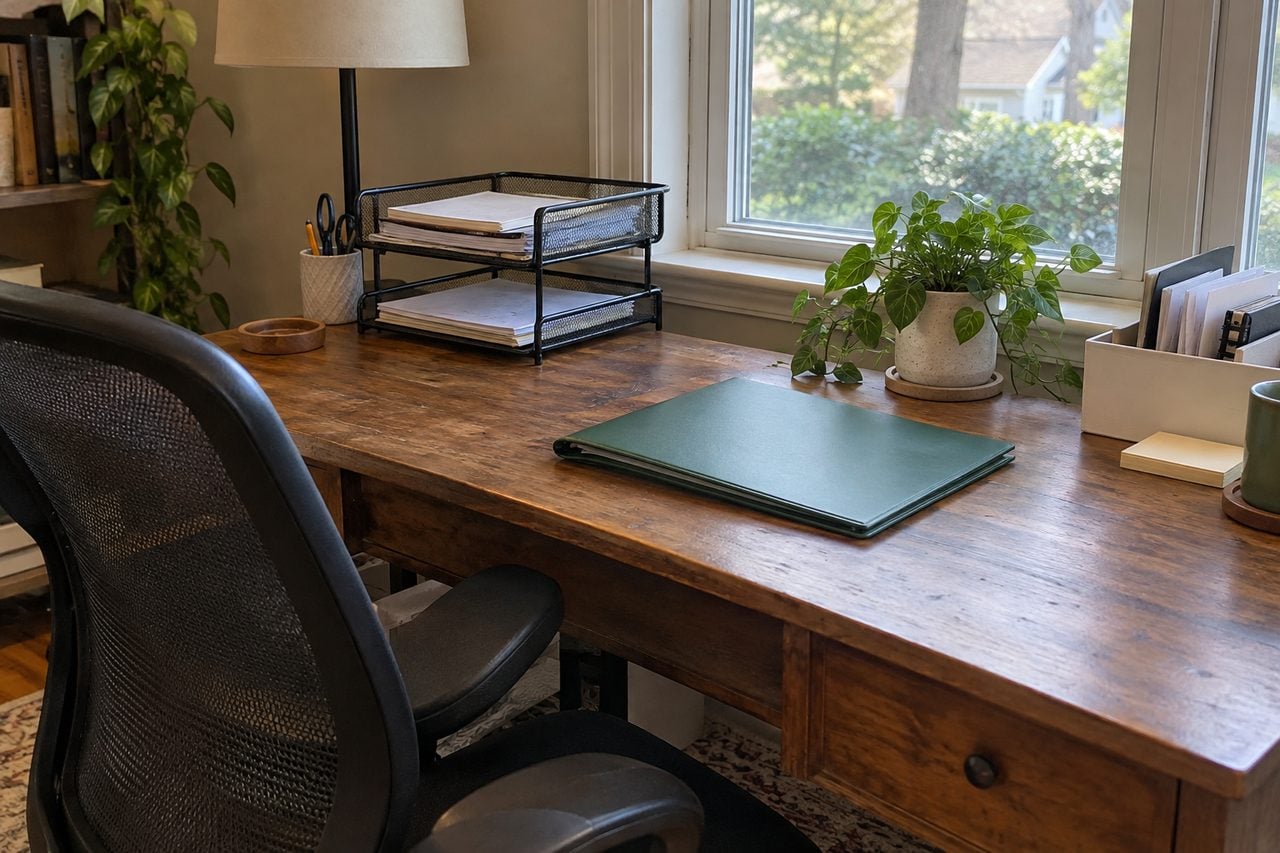 A modest workspace with a folder and paper tray