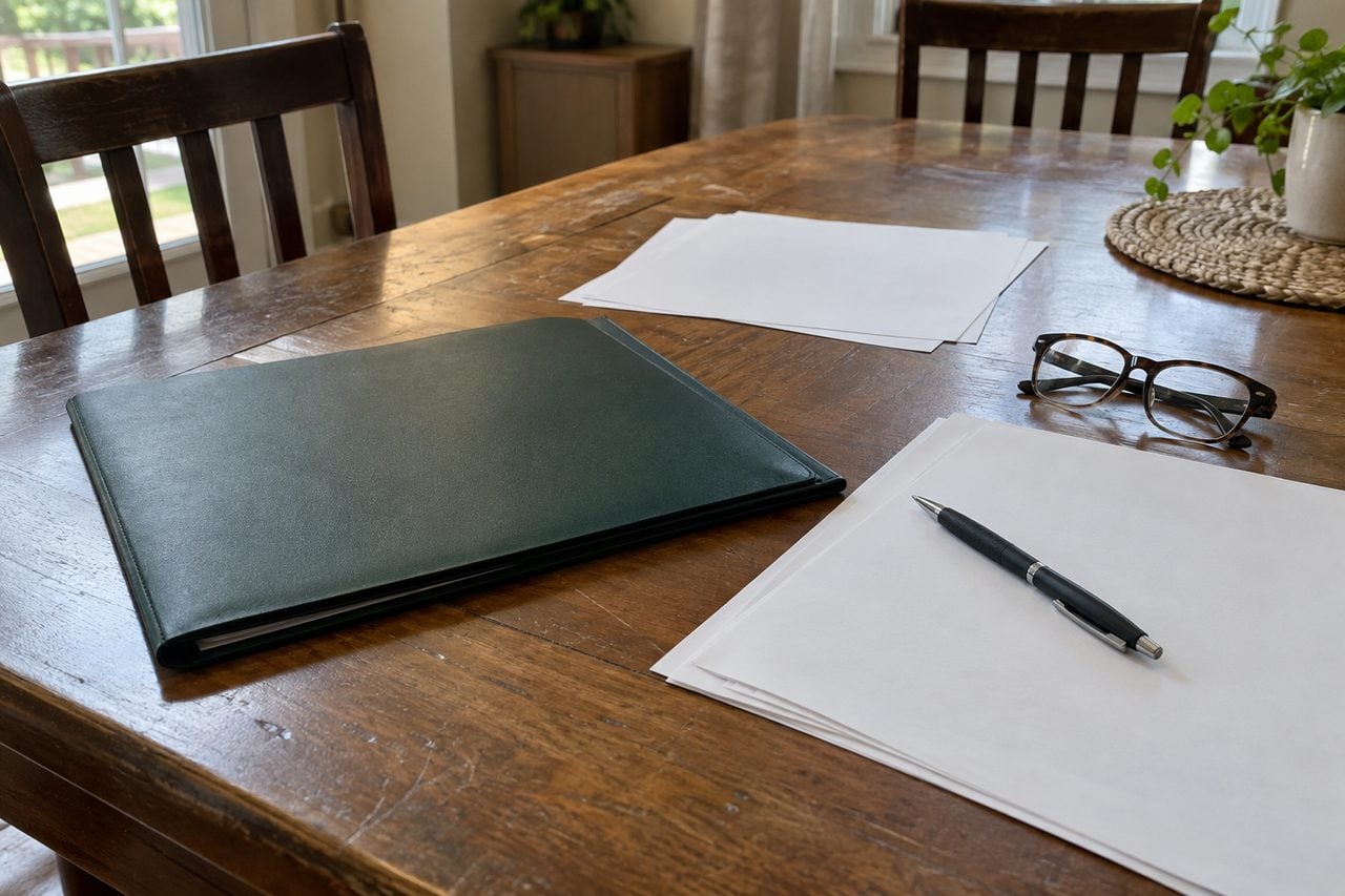 Documents, a pen and glasses set out before an appointment