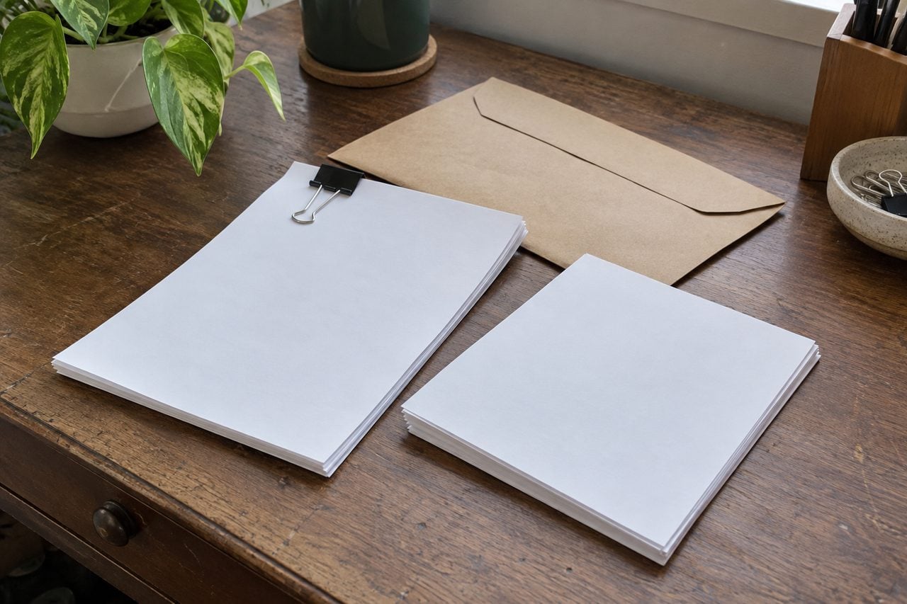 Paper copies and an envelope prepared for document handling