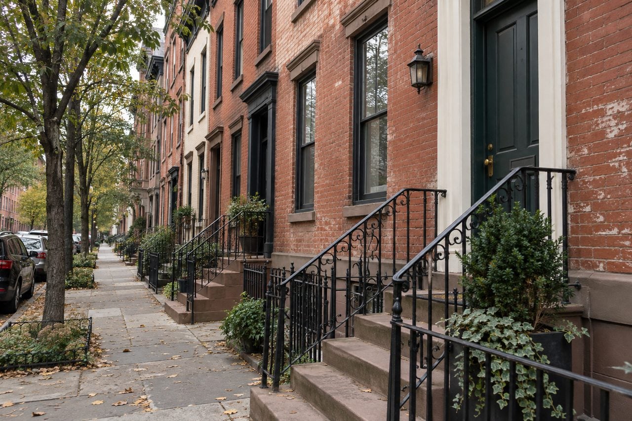 Brick rowhouses and stoops in a Hoboken-inspired neighborhood