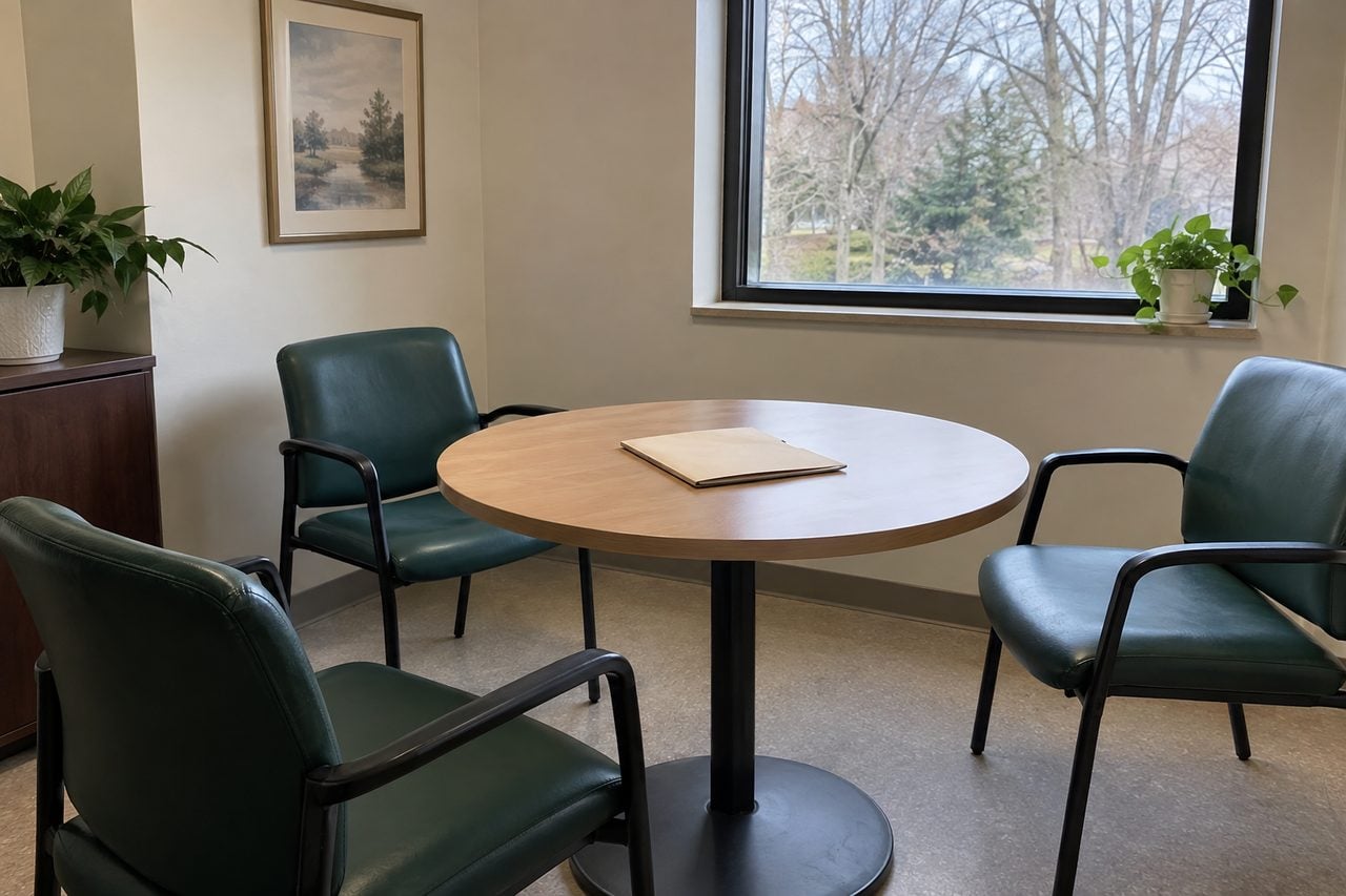 An empty visitors room with a table for paperwork