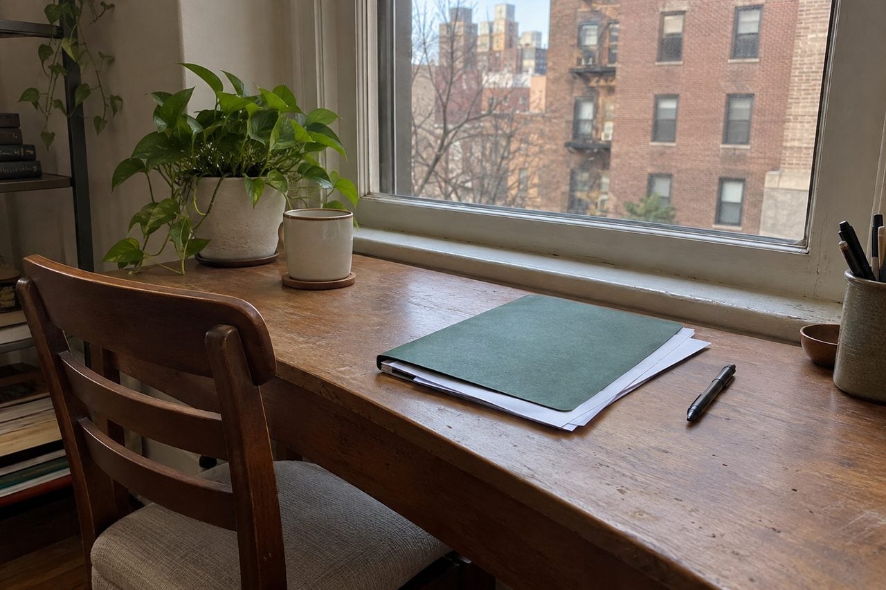 Paperwork and a pen on a small desk beside an apartment window