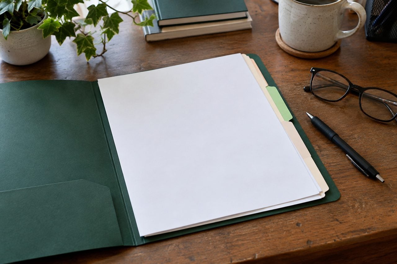 A document folder and glasses for reviewing appointment requirements