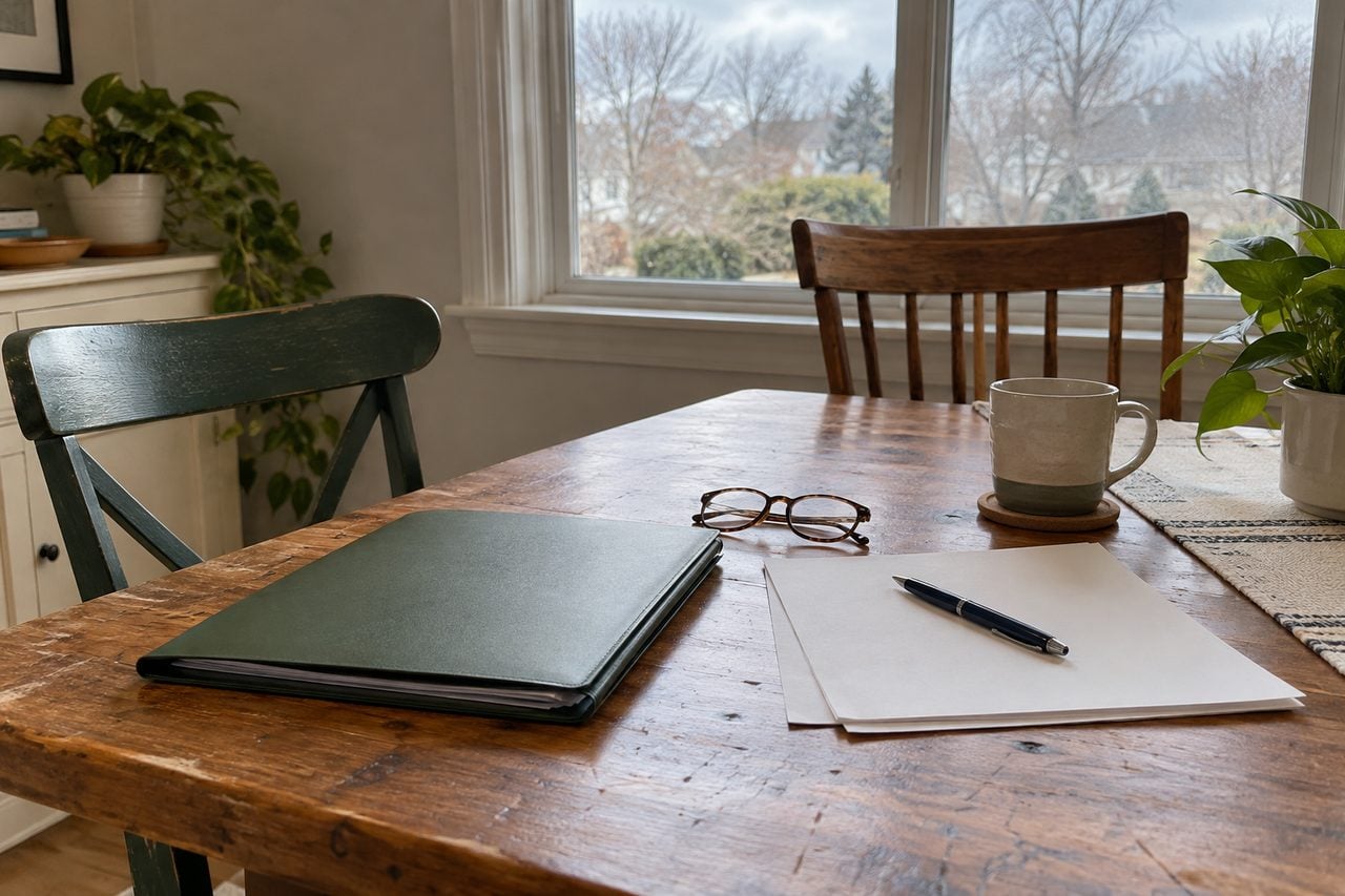 Reading glasses and paperwork on a dining table