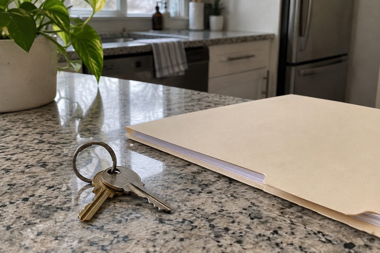 House keys beside a folder of paperwork