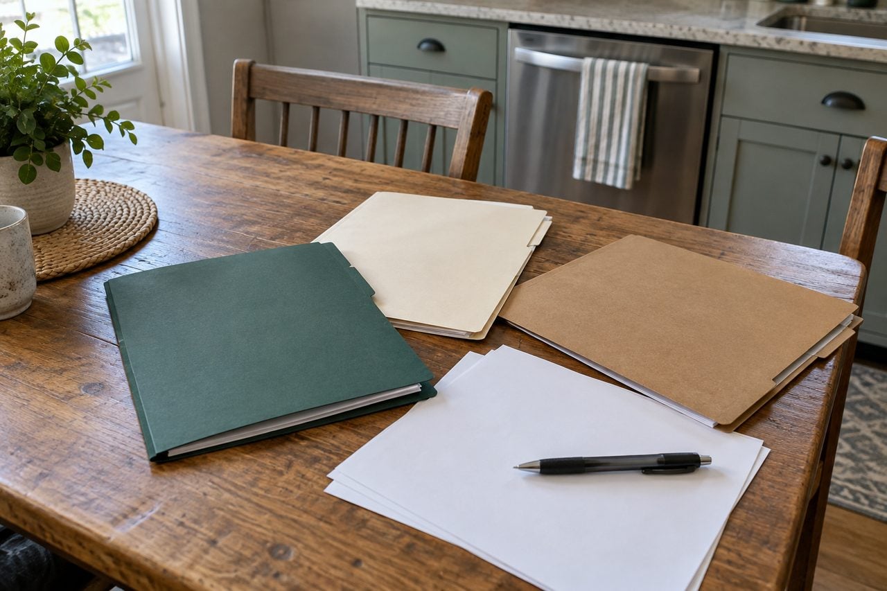 Simple document folders and blank paperwork arranged on a table